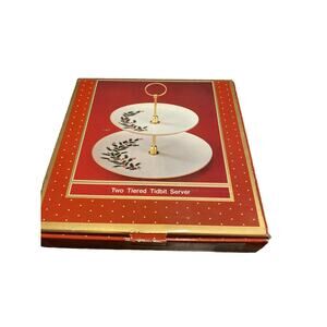 VTG Christmas Holly Berry Porcelain Two Tier Tidbit Server Japan Holiday Serving